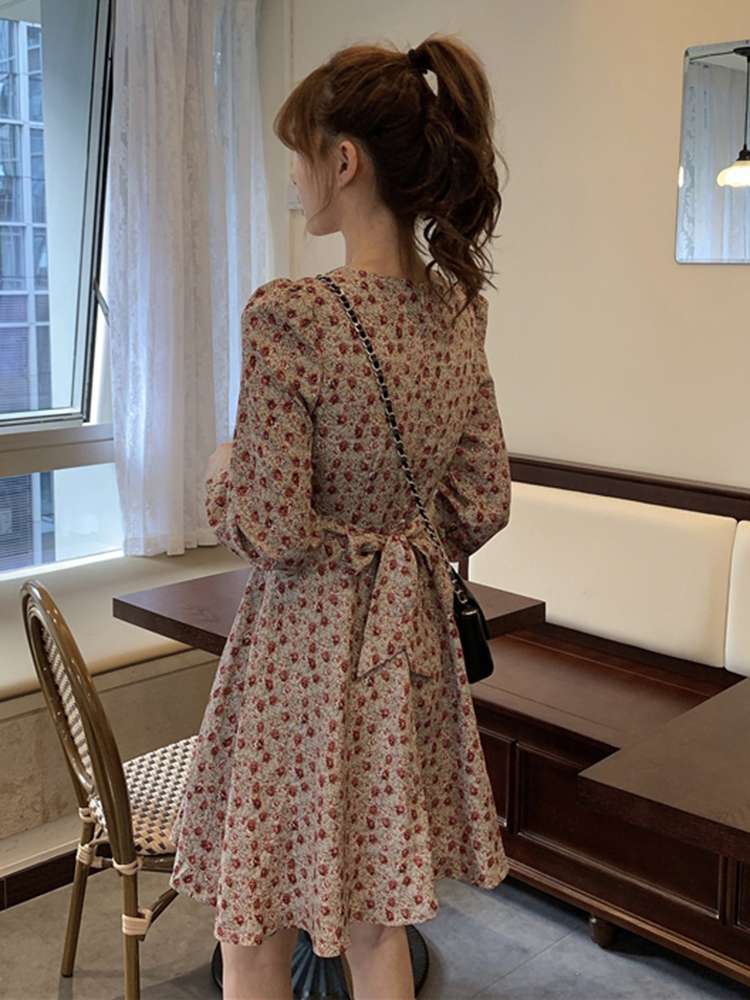 Plus-size French retro waist-cinching V-neck floral print dress for spring 2020, a slimming dress for petite fairies details Picture