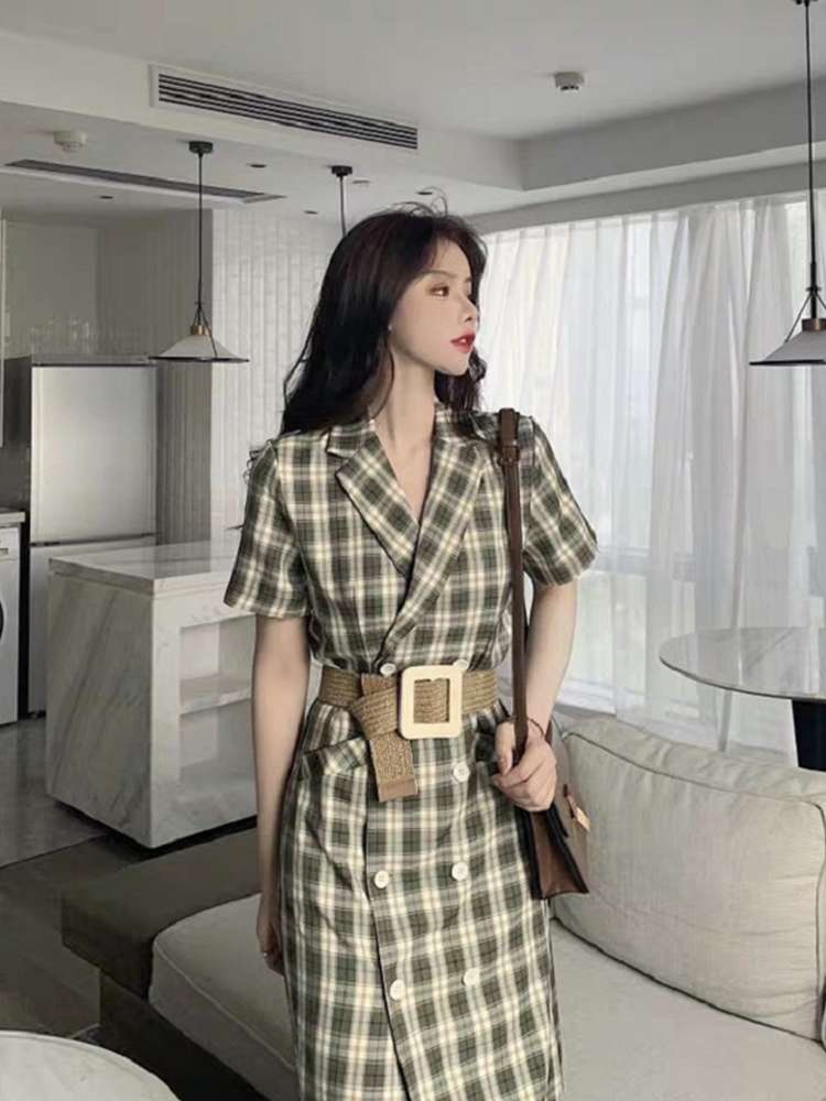 French retro long checkered cinched-waist dress for women, 2020 new summer style, cold design sense, orange dress Specification image