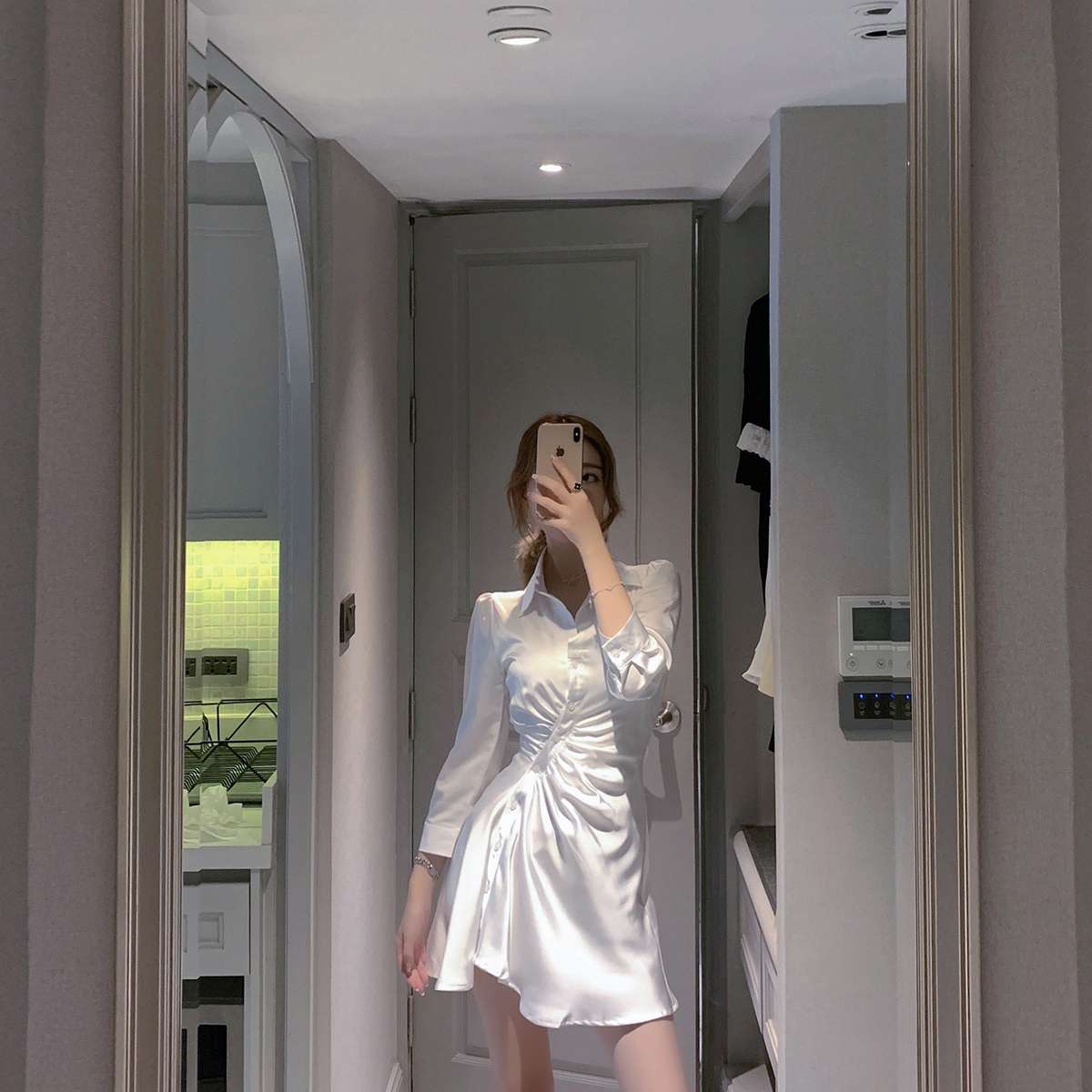 Summer shirt collar white silk dress for women, with a sense of design and elegance, a cinched waist and slimming effect, irregular dress details Picture