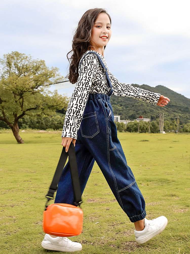 网红女童秋装背带裤套装2020新款洋气女大童春秋儿童时髦两件套潮