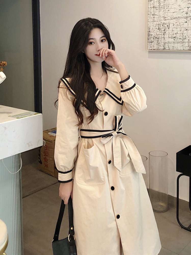 Sexy early autumn Hyuna style navy collar tie long-sleeved dress, ins super fairy forest-style knee-length long dress details Picture