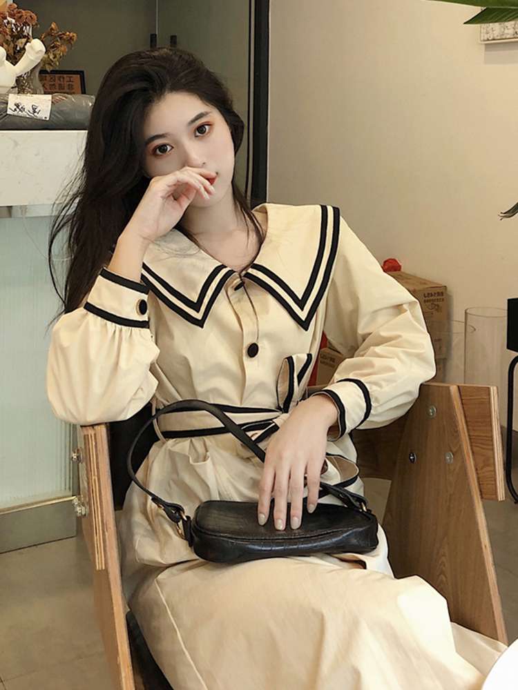 Sexy early autumn Hyuna style navy collar tie long-sleeved dress, ins super fairy forest-style knee-length long dress