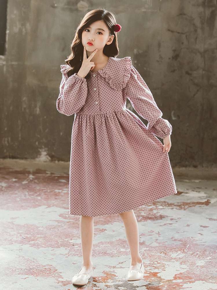 女童长袖连衣裙洋气中大童秋装2020新款复古百褶裙儿童圆点公主裙
