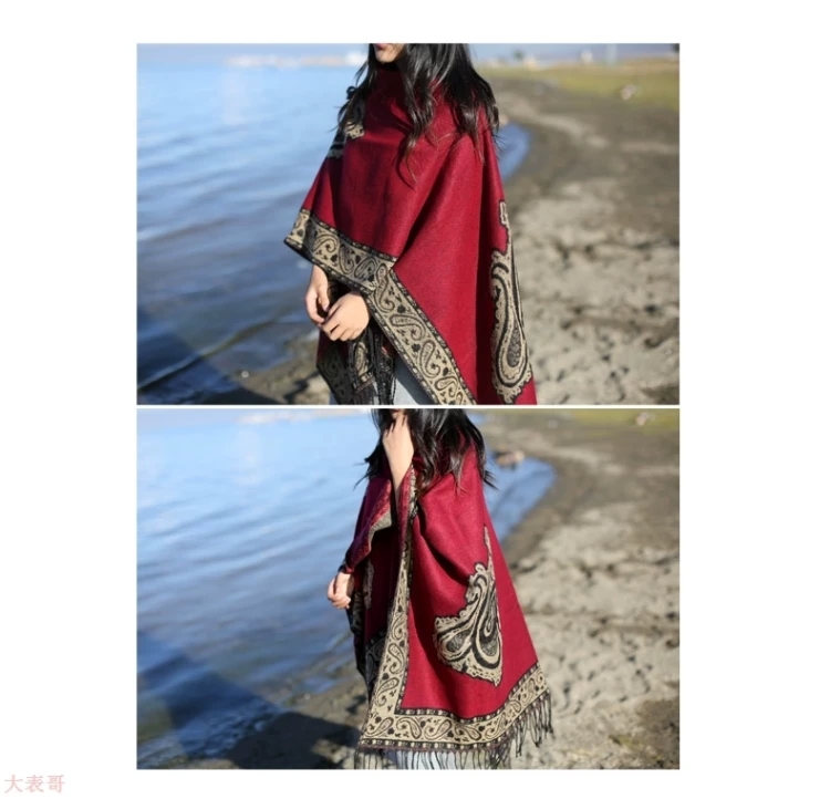 Bufanda mujer invierno korean versión versátil etnicidad tibetano turismo capa otoño exterior tipo capa mujer otoño-invierno nuevo estilo de manga versátil versátil capa etnicidad details Picture