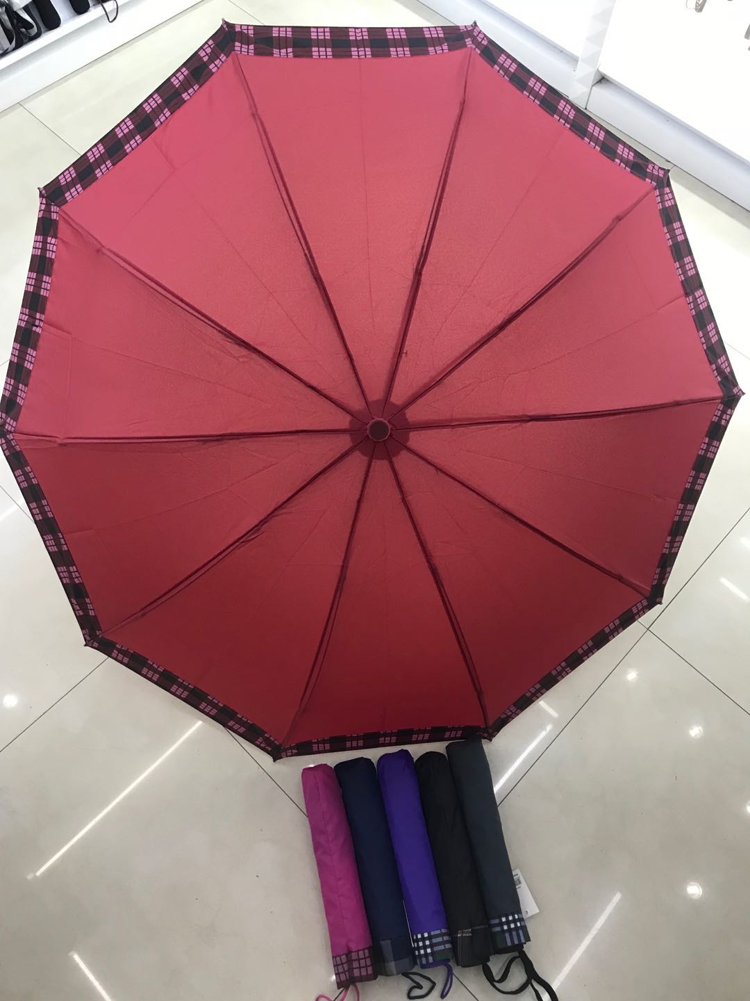 70#10K格子素色接边伞便携三折伞遮阳伞学生伞