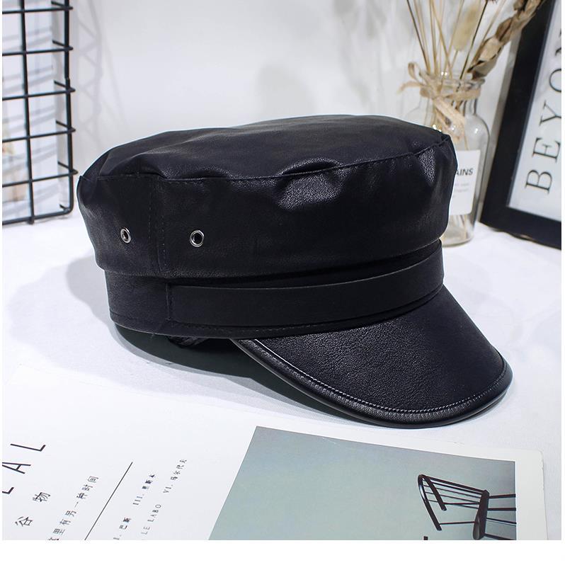 八角贝雷帽女pu皮英伦复古皮质秋皮帽子韩版海军帽平顶秋冬潮黑色细节图