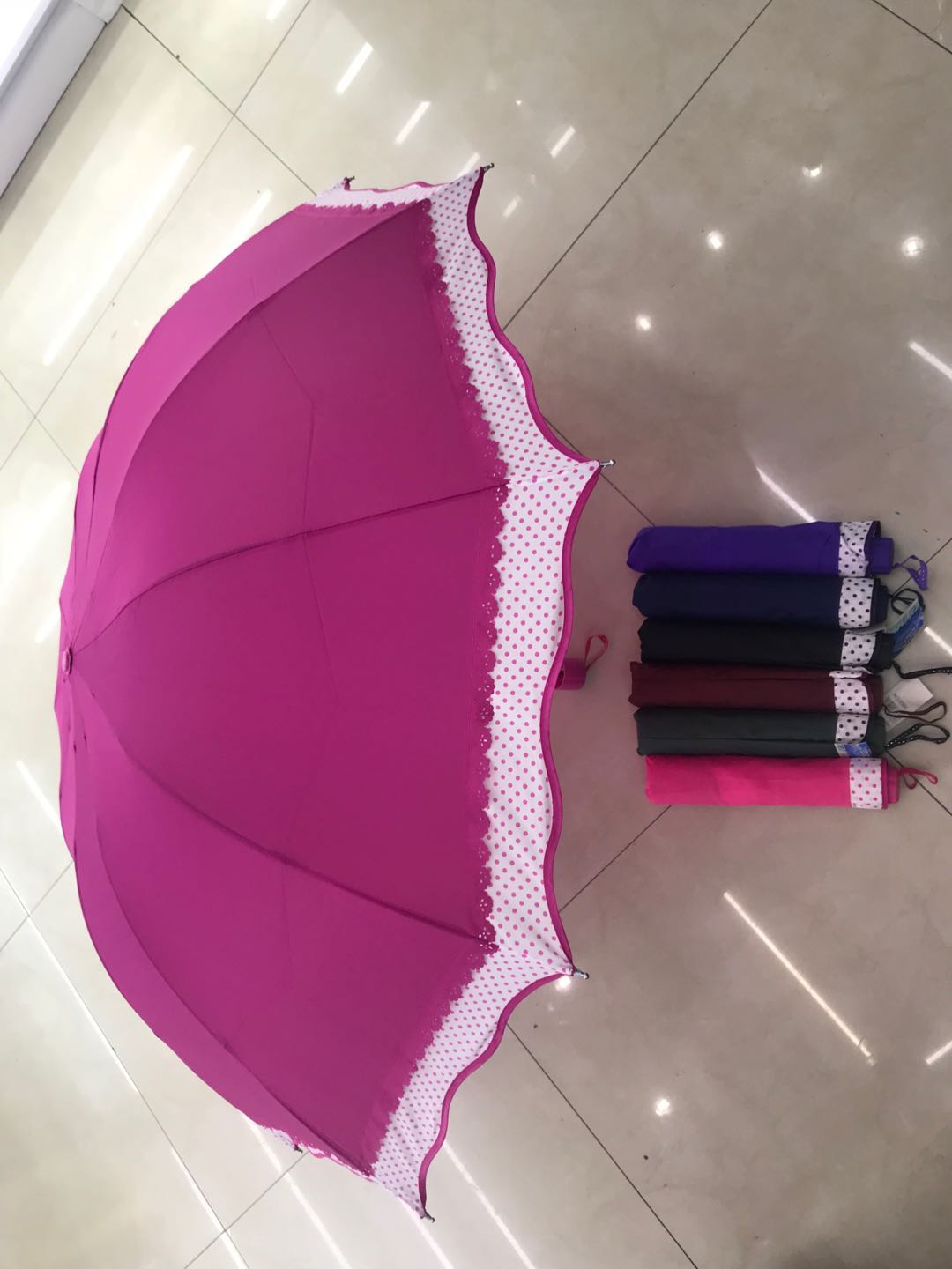 70#10K小圆点接素色波浪边三折晴雨伞学生创意花式遮阳伞防风超大牢固