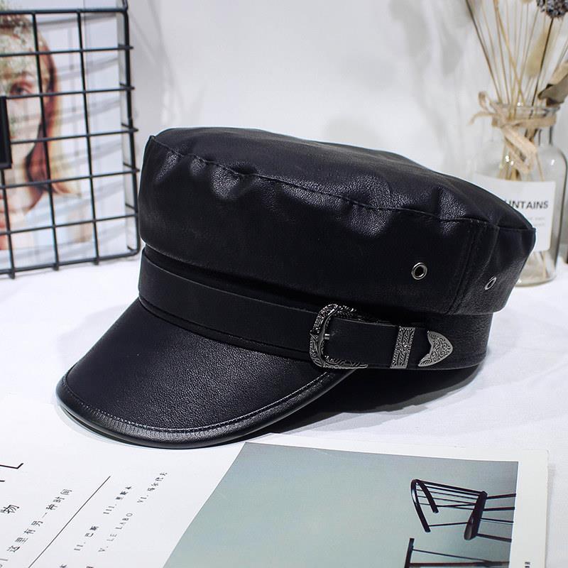 八角贝雷帽女pu皮英伦复古皮质秋皮帽子韩版海军帽平顶秋冬潮黑色白底实物图