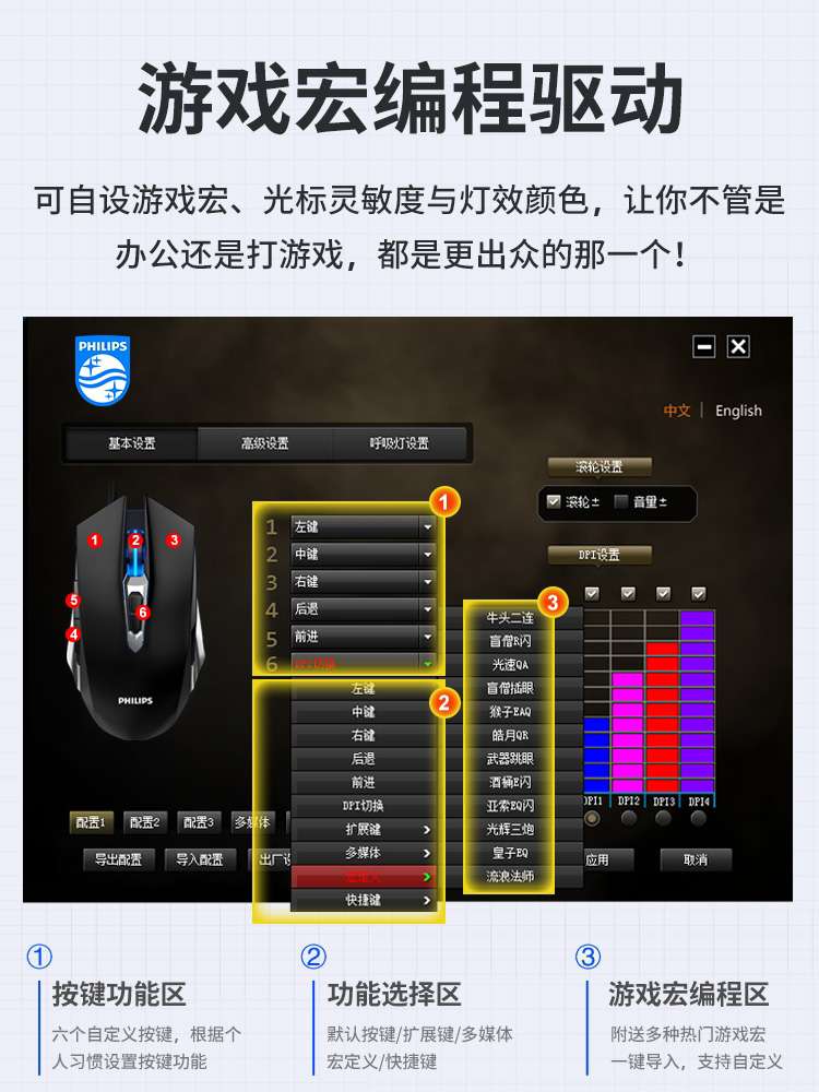 飞利浦电竞机械宏鼠标有线电脑吃鸡静音无声笔记本台式游戏专用产品图