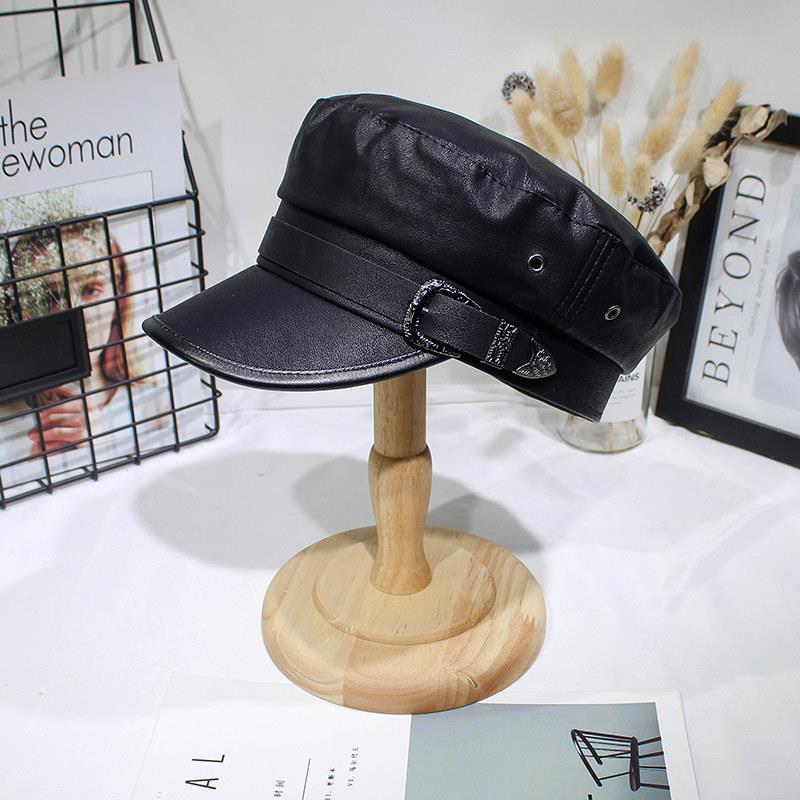 八角贝雷帽女pu皮英伦复古皮质秋皮帽子韩版海军帽平顶秋冬潮黑色详情图7