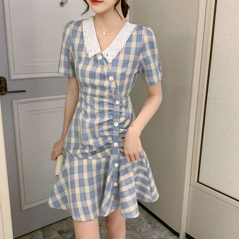 French-style, off-the-beaten-path, slimming and elegant design with a baby collar, single-breasted plaid shirt dress for children in summer details Picture