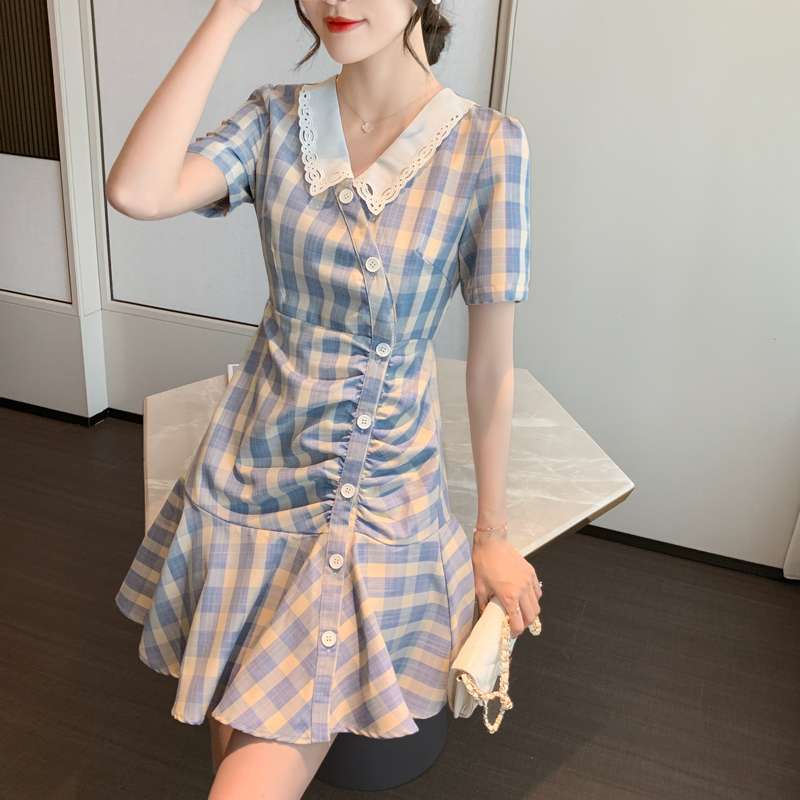 French-style, off-the-beaten-path, slimming and elegant design with a baby collar, single-breasted plaid shirt dress for children in summer Specification image