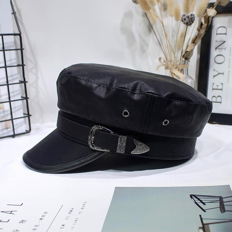 八角贝雷帽女pu皮英伦复古皮质秋皮帽子韩版海军帽平顶秋冬潮黑色详情图6