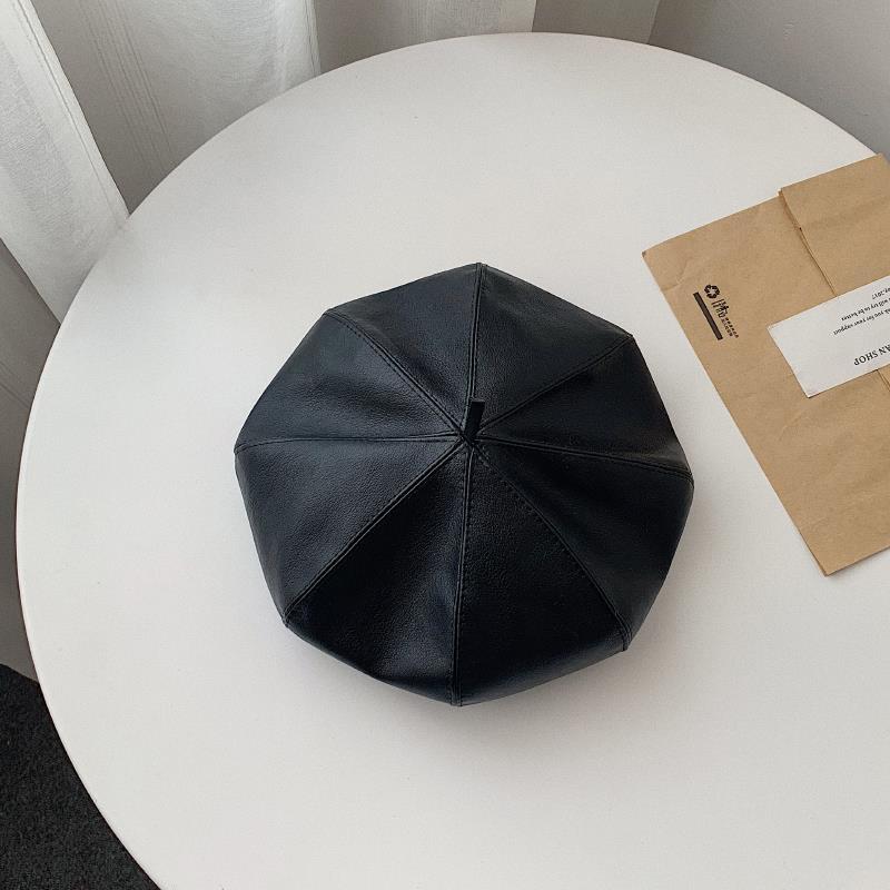 pu皮质八角帽子女秋季英伦潮日系韩版秋冬时尚百搭皮帽鸭舌贝雷帽细节图