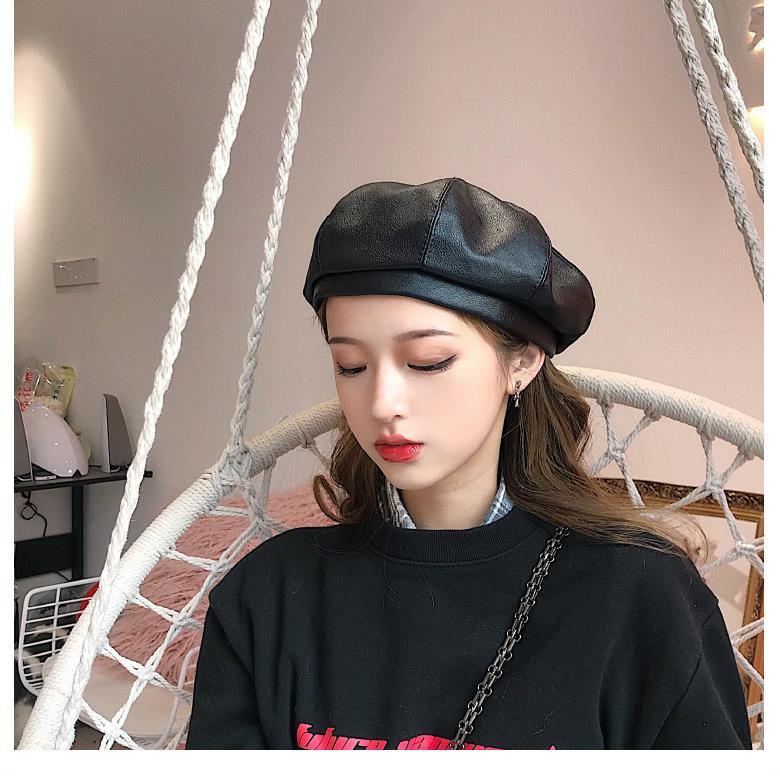 pu皮质八角帽子女秋季英伦潮日系韩版秋冬时尚百搭皮帽鸭舌贝雷帽白底实物图