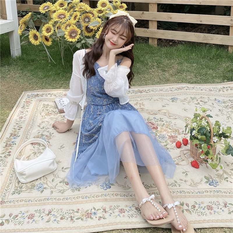 夏季新款女赫本风两件套装轻熟风气质吊带长裙碎花连衣裙子夏