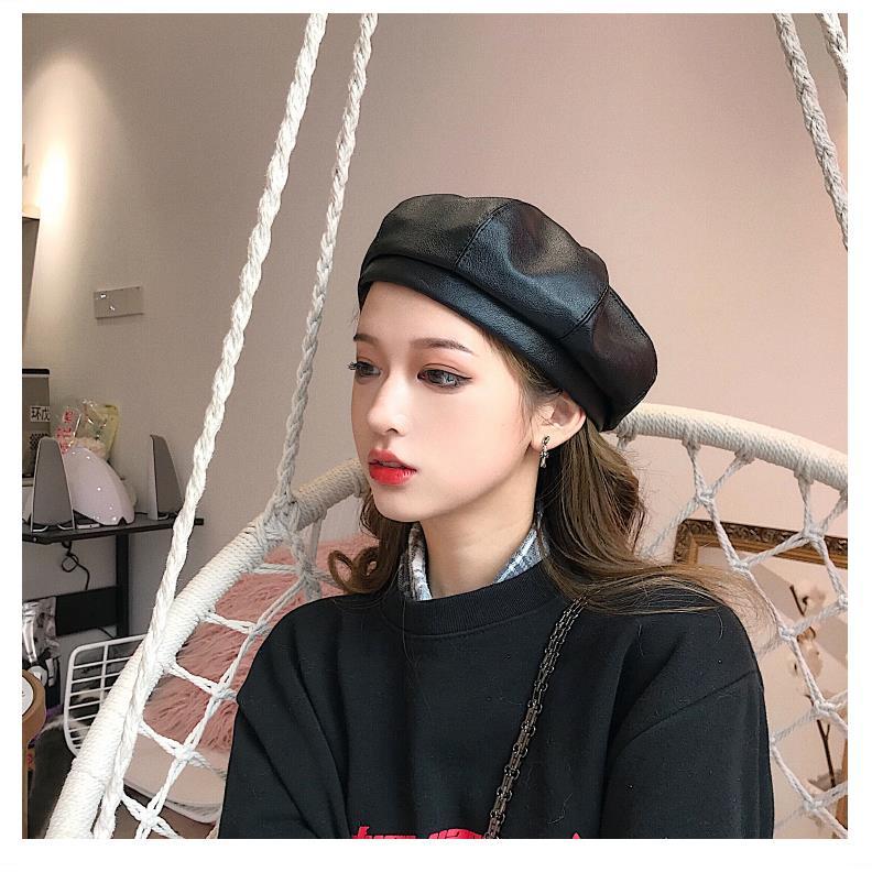 pu皮质八角帽子女秋季英伦潮日系韩版秋冬时尚百搭皮帽鸭舌贝雷帽产品图