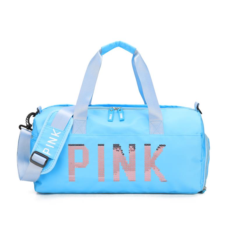 亮片绣pink纯色复合布面料运动健身包，带独立鞋位和干湿分离功能，短途旅行袋行李包，新添绿色，藕荷色白底实物图