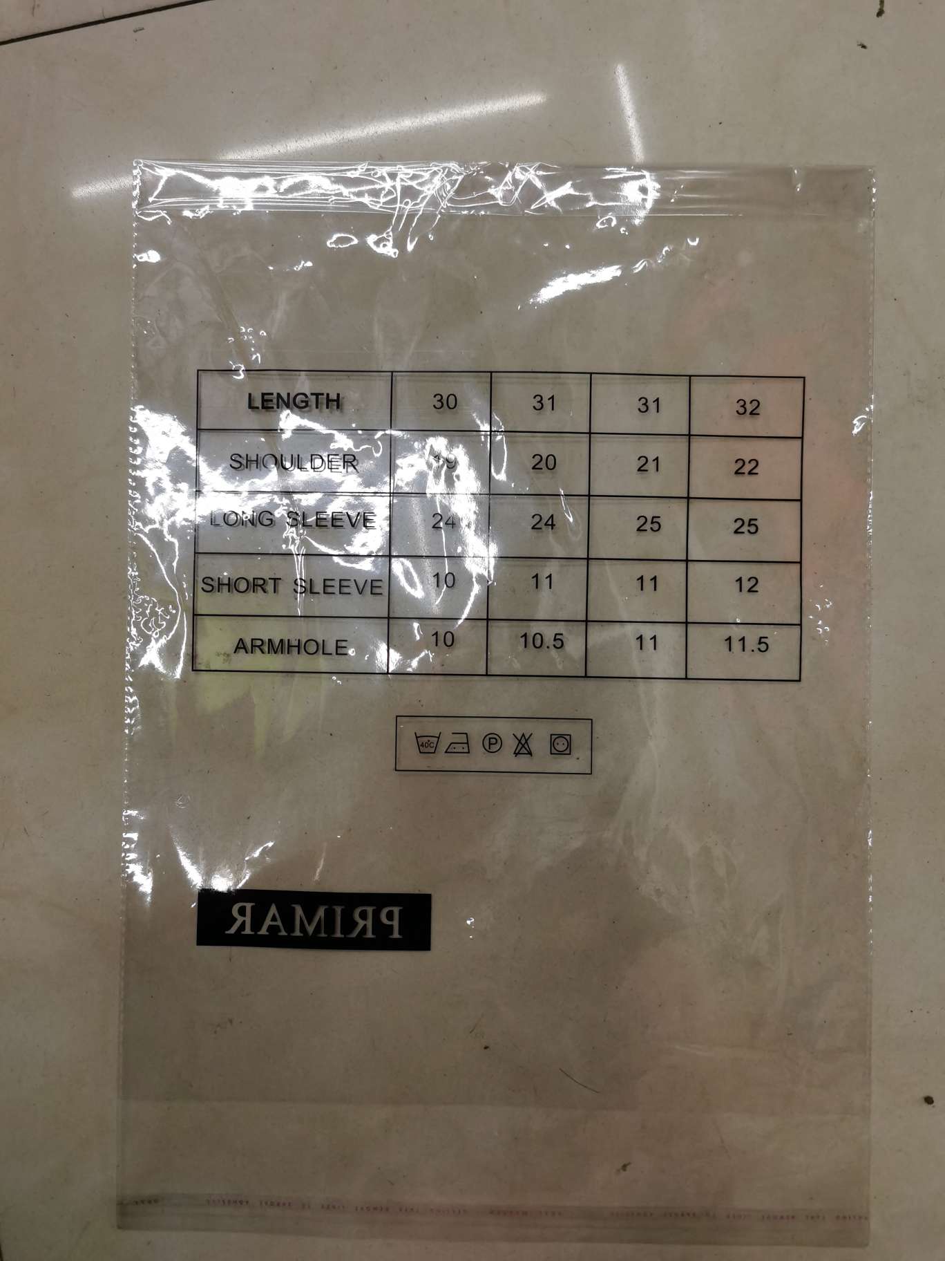 男式衬衫，凹底彩印尺码表格包装袋，通用版