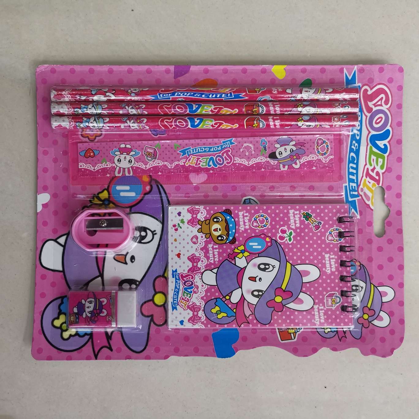 6件套组合文具，铅笔本子橡皮卷笔刀直尺