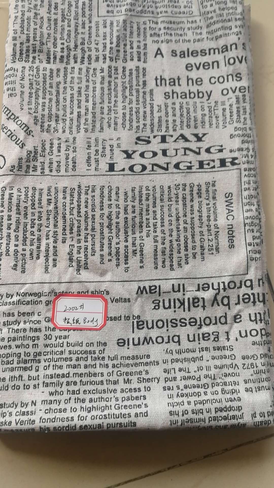 Cotton and linen printed black newspaper
