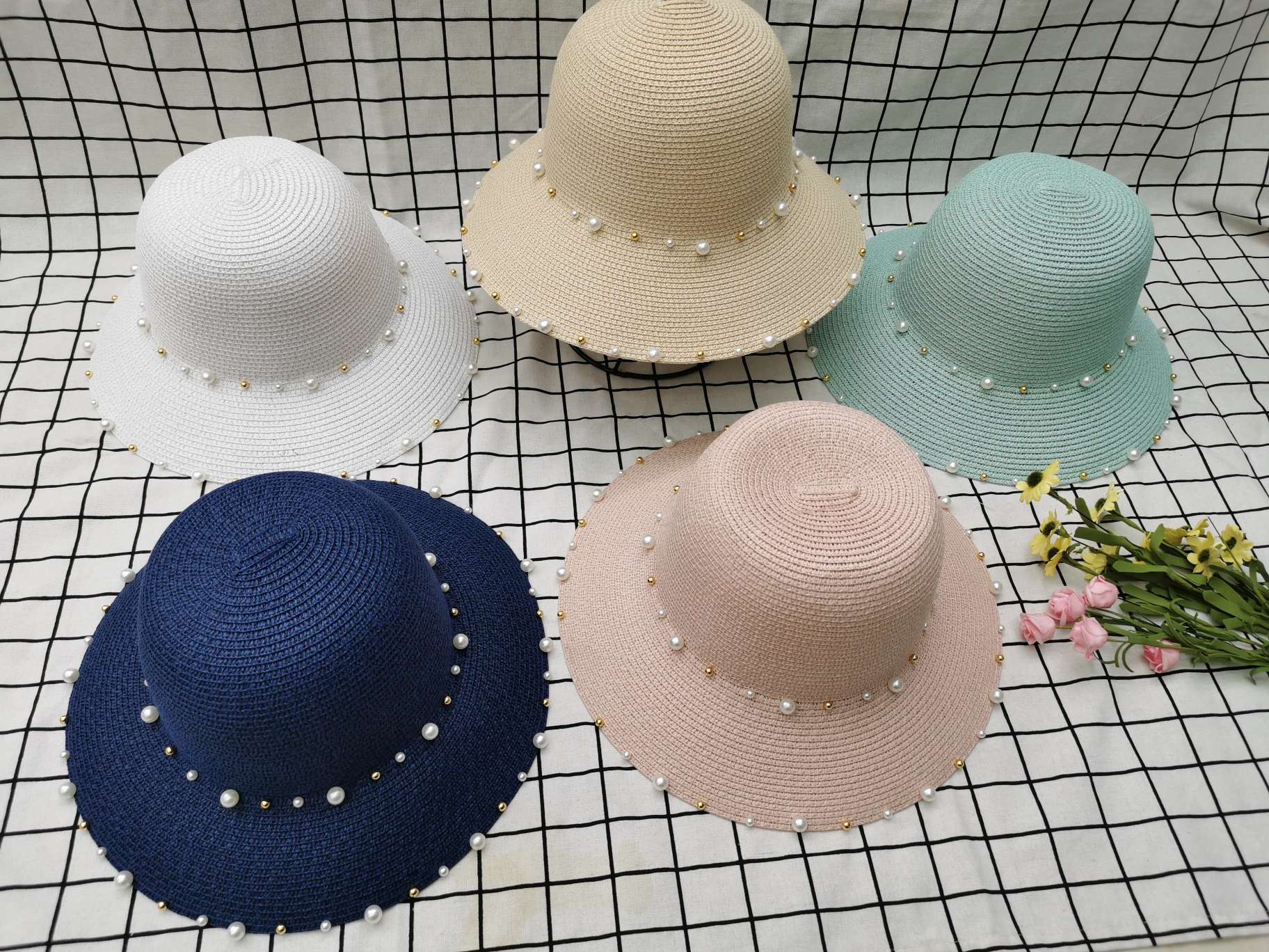 纸草编制草帽珍珠订制