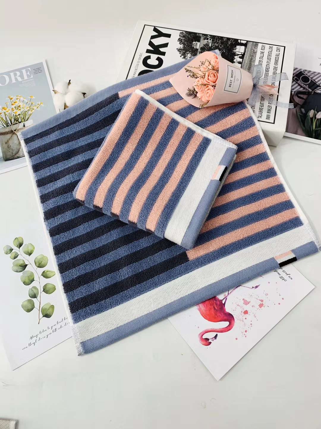 "Love Yourself, Love Your Family Factory Direct Sale Pure cotton high-end combed cotton Gentleman's striped Square Towel 9103. Application Scenario