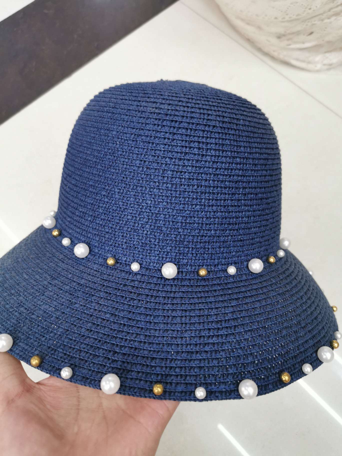 纸草编制草帽珍珠订制细节图
