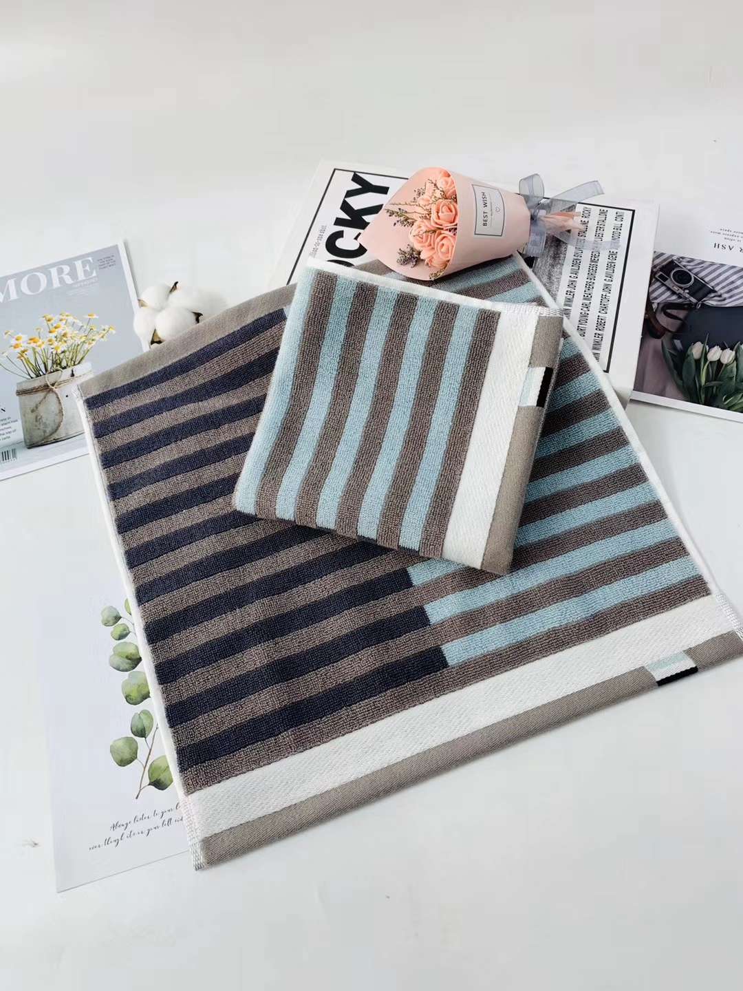 "Love Yourself, Love Your Family Factory Direct Sale Pure cotton high-end combed cotton Gentleman's striped Square Towel 9103. Item Picture