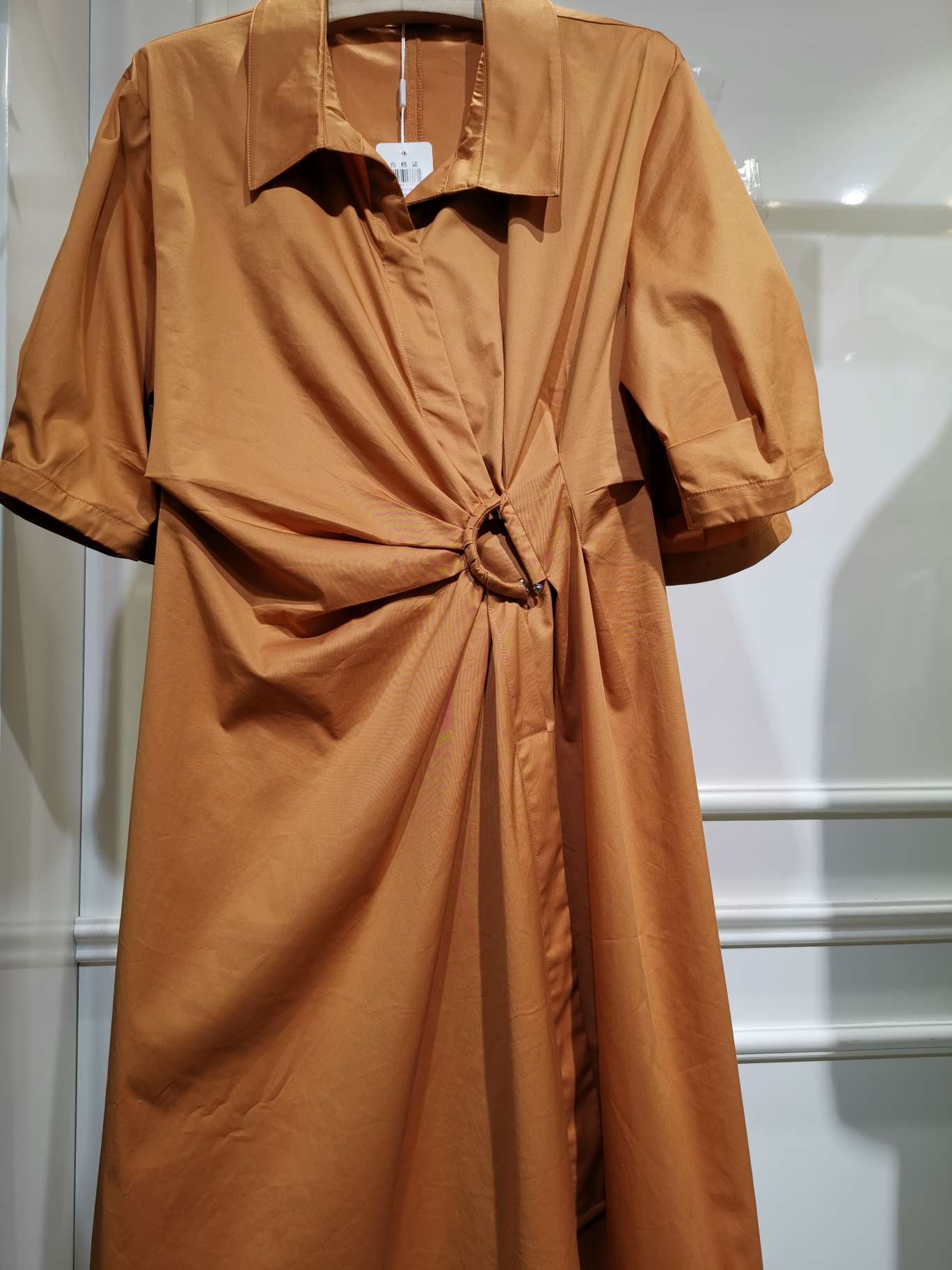Orange lapel cinched waist fashionable mid-sleeved mid-length dress details Picture