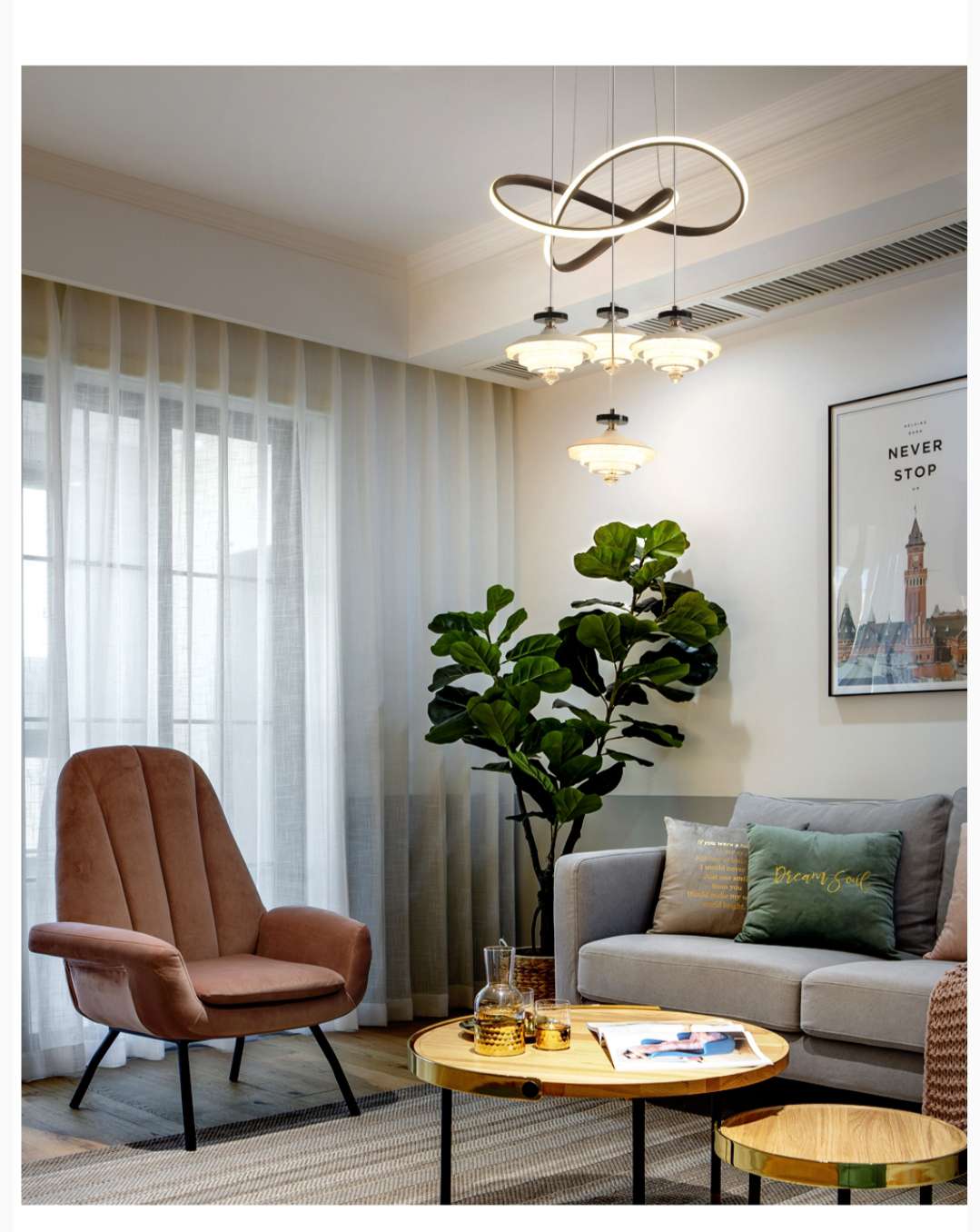 Ironwork, acrylic staircase, corner, living room, dining room, matte spray paint, modern and simple chandelier Specification image