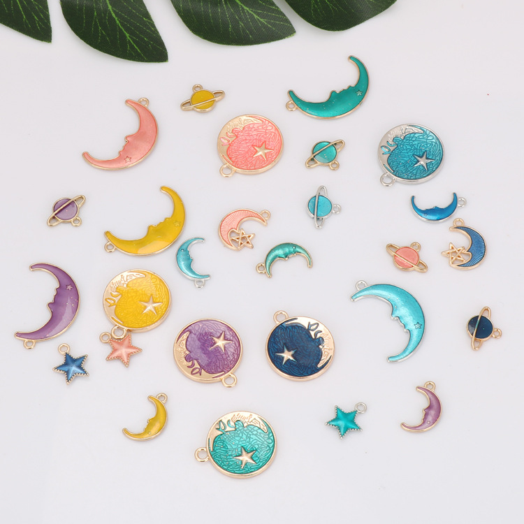 DIY double-sided dripping oil pearl space star moon handmade jewelry earrings pendant necklace alloy pendant thumbnail