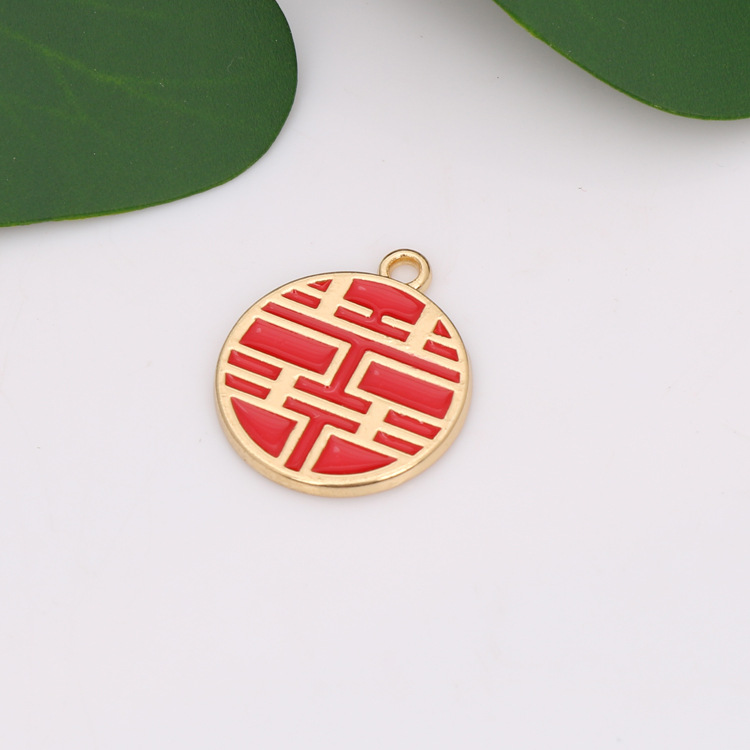 Chinese-style diy jewelry accessories: alloy gold-plated, red oil painting, festive double happiness character, heart-shaped "Fu" character earrings and pendants Specification image