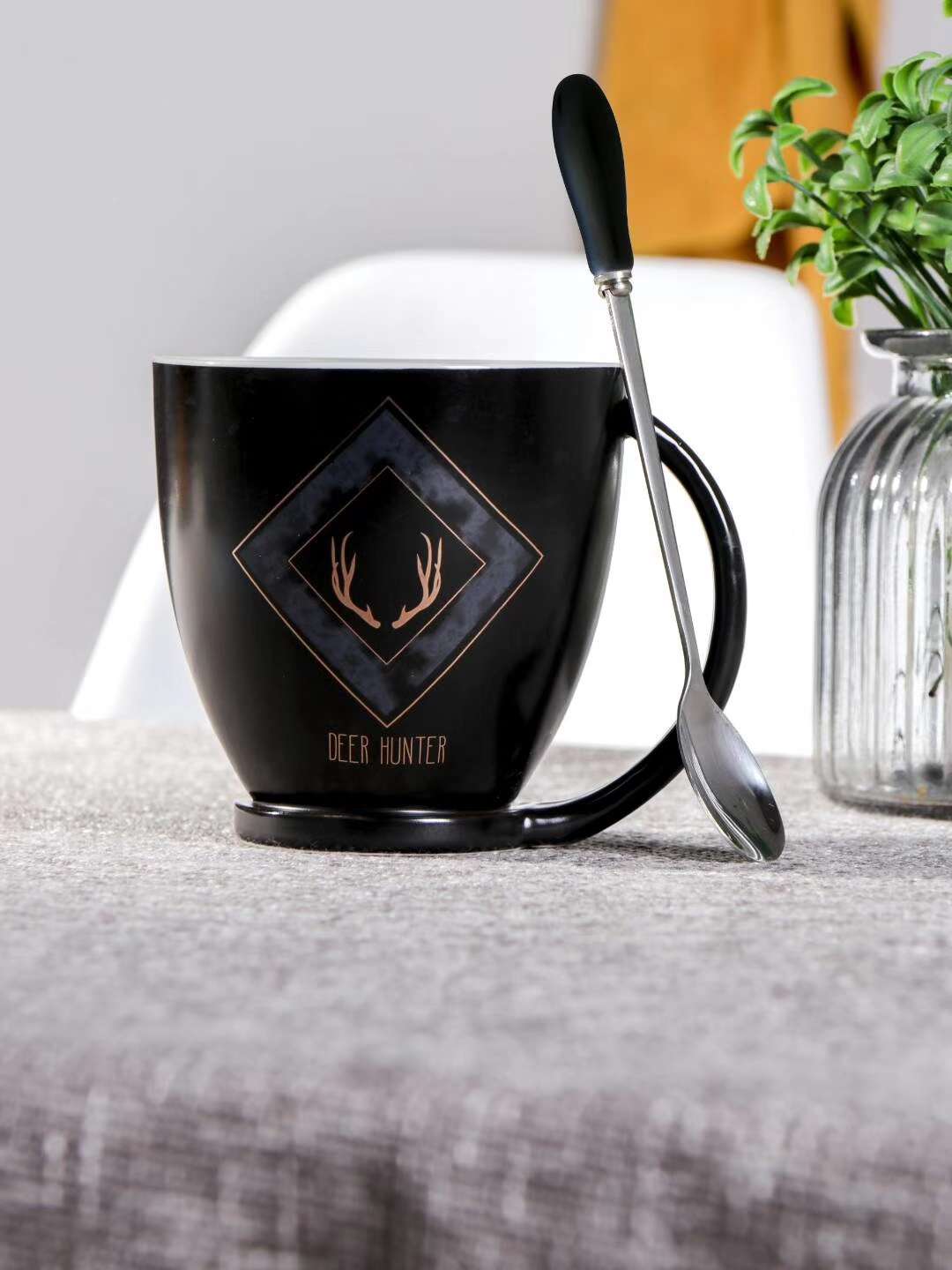 SJ1372-1 380ml Gilded Deer Head matte Glazed Ceramic Cup Stainless Steel Ceramic Handle Spoon Set detail image 3