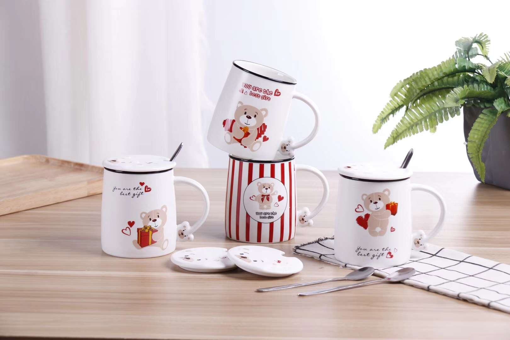 HY934 400ml Cute Bear Cartoon doll, Bear Ceramic Cup Matte Glazed Ceramic cup, Stainless steel spoon, Bear Ceramic Lid 8 detail image 5