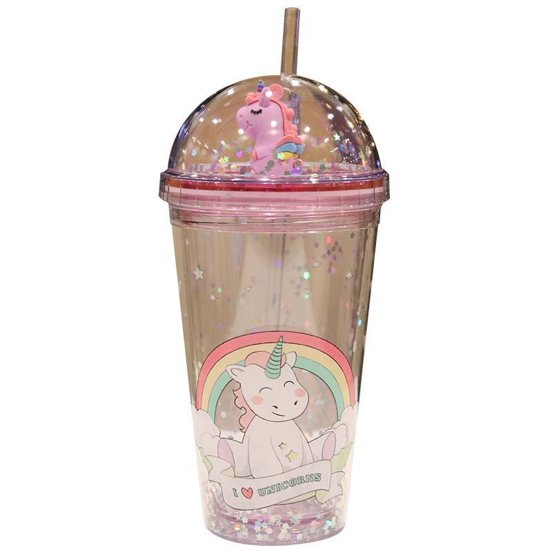 New plastic unicorn straw with sequined cartoon double-layered water cup from Yiwu. Name: Unicorn undefined