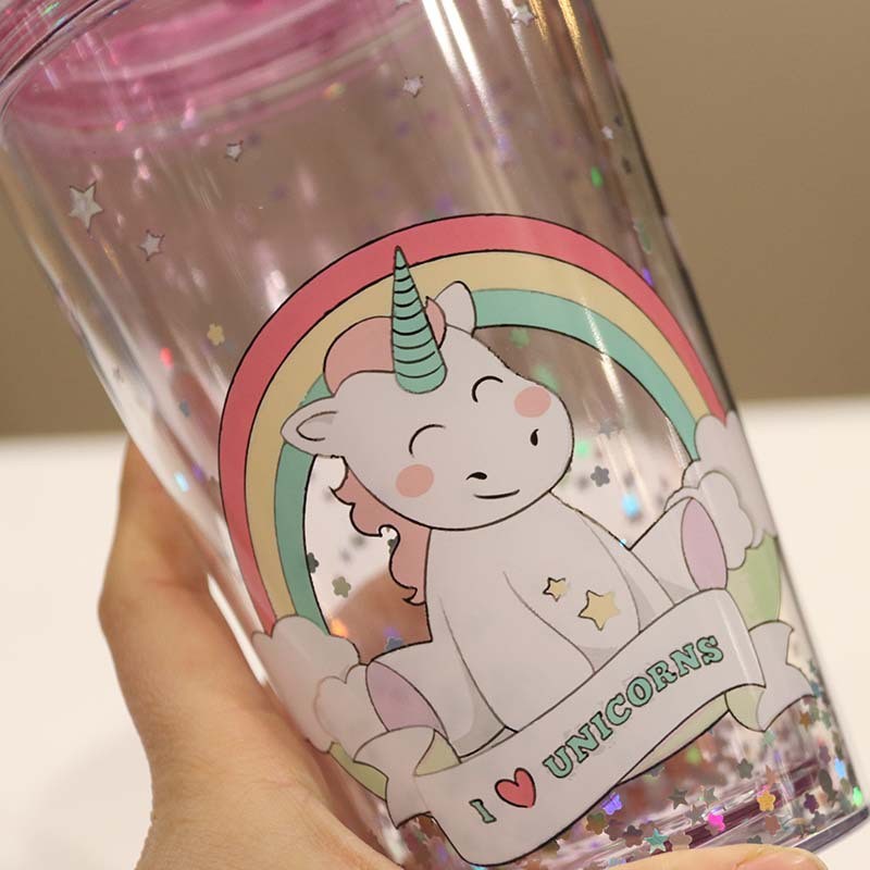 New plastic unicorn straw with sequined cartoon double-layered water cup from Yiwu. Name: Unicorn undefined