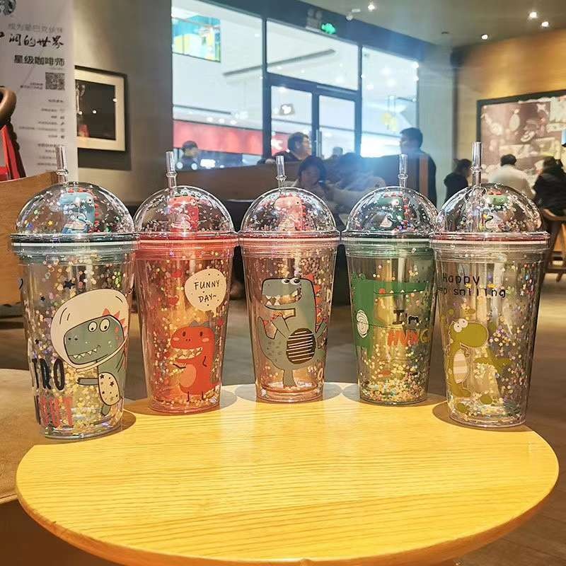 Yiwu Good Goods Small Dinosaur Straw Glitter Cartoon Double Water Cup Small Dinosaur Cup full figure
