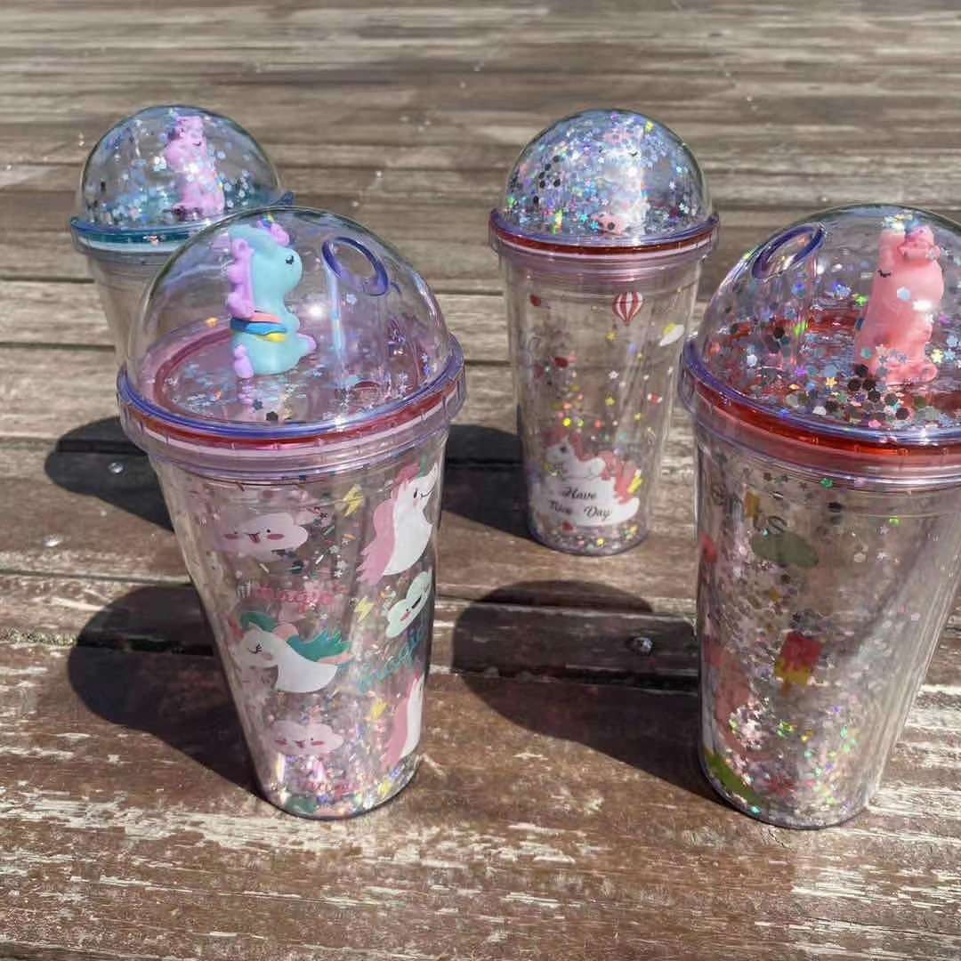 New plastic unicorn straw with sequined cartoon double-layered water cup from Yiwu. Name: Unicorn details Picture