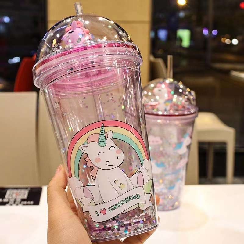 New plastic unicorn straw with sequined cartoon double-layered water cup from Yiwu. Name: Unicorn undefined