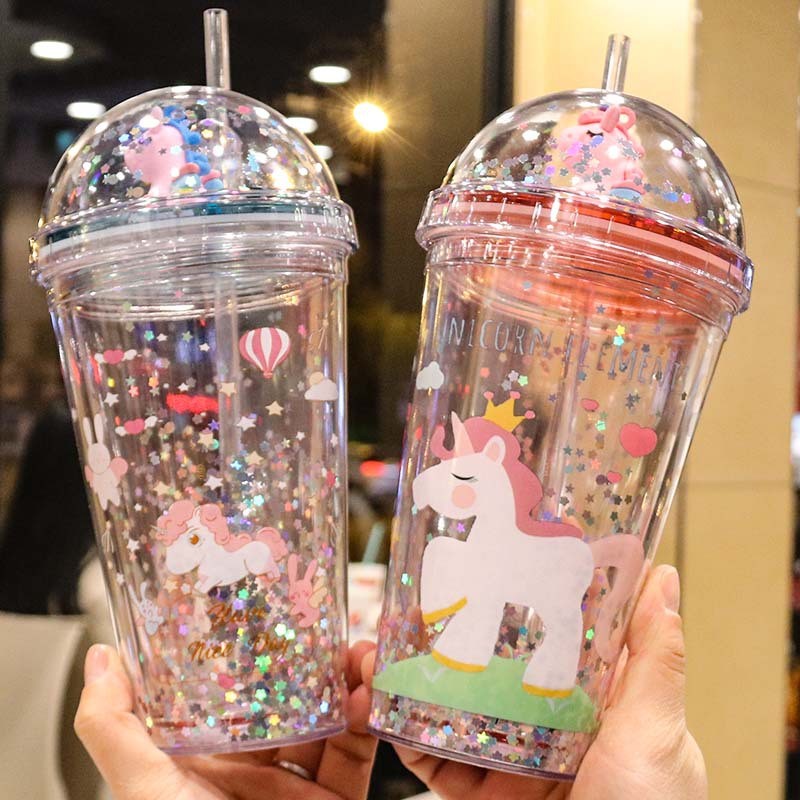 New plastic unicorn straw with sequined cartoon double-layered water cup from Yiwu. Name: Unicorn undefined