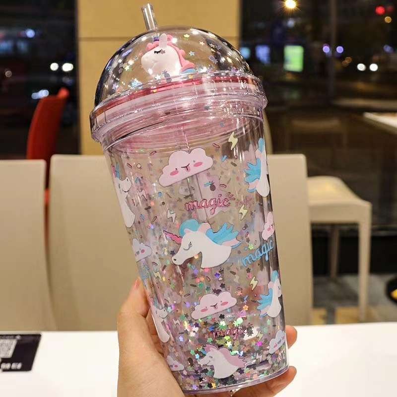 New plastic unicorn straw with sequined cartoon double-layered water cup from Yiwu. Name: Unicorn Item Picture