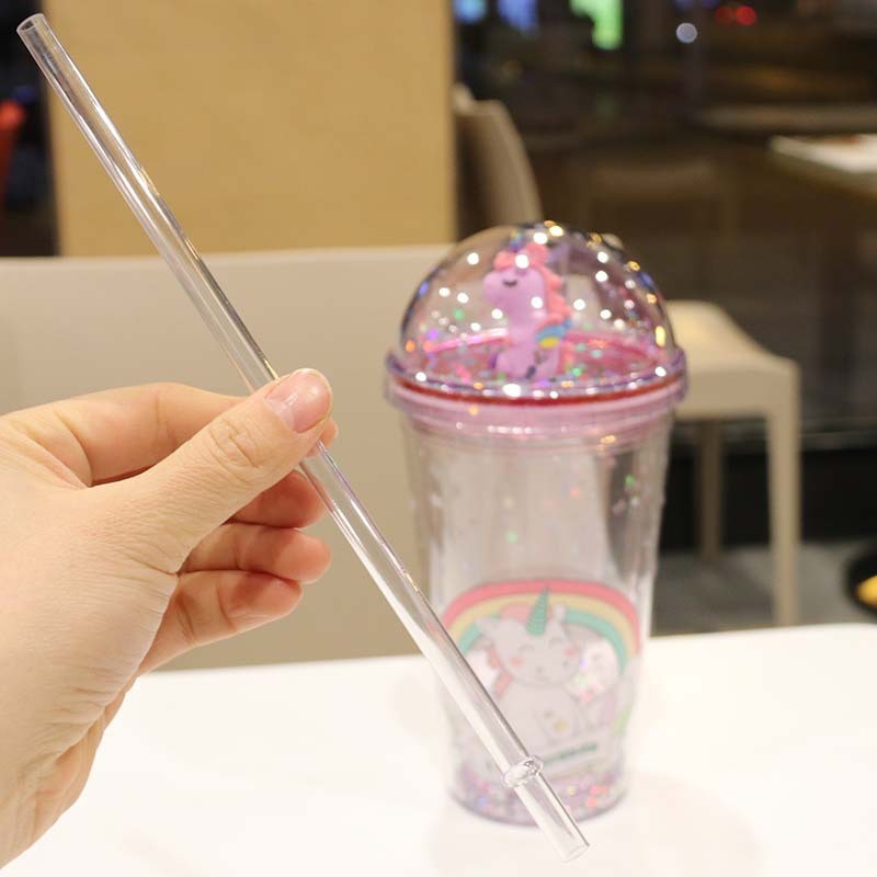 New plastic unicorn straw with sequined cartoon double-layered water cup from Yiwu. Name: Unicorn full figure