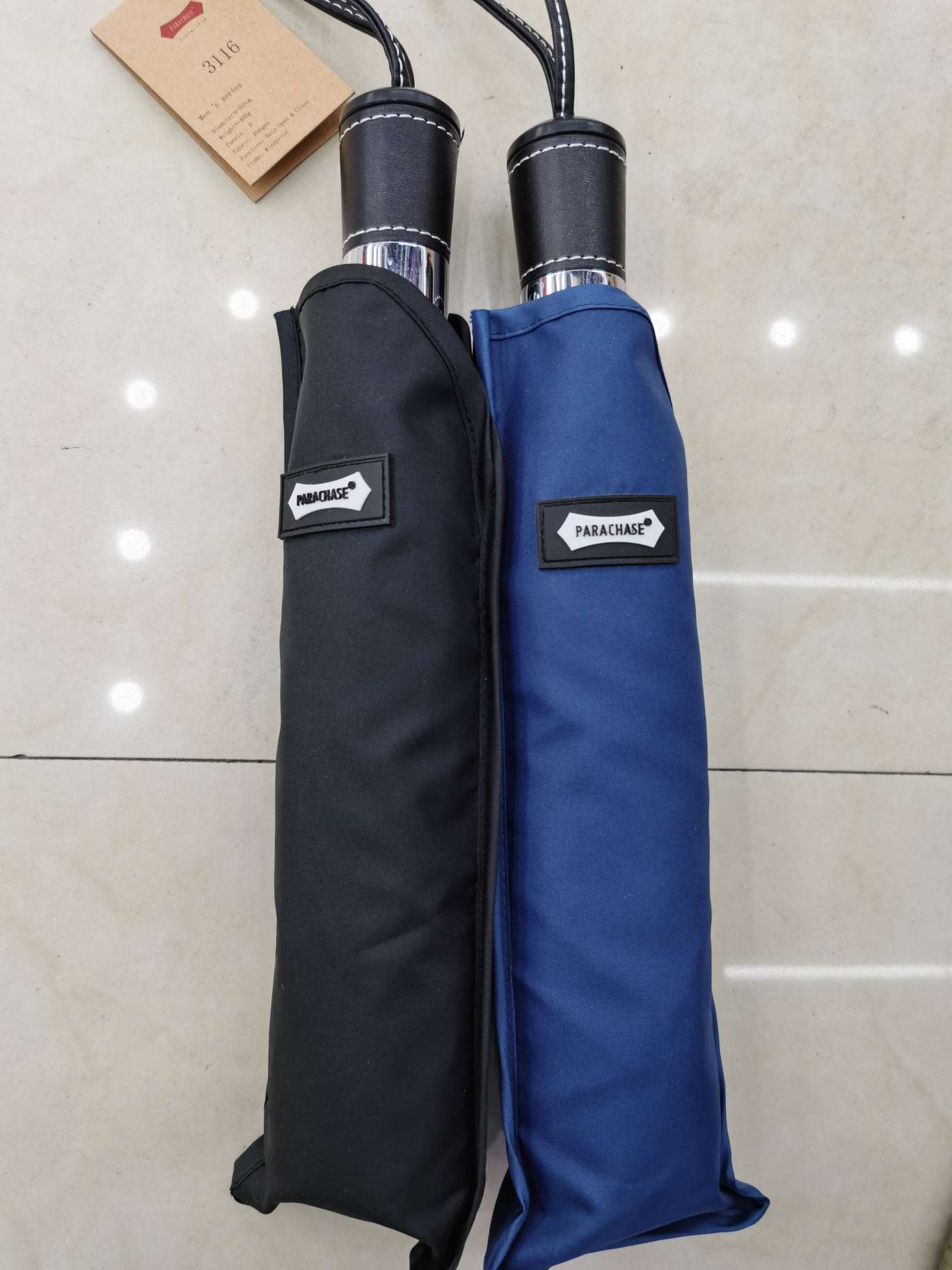 58.5x8k three-fold self-opening and closing aluminum frame windproof leather umbrella, item number 3116
