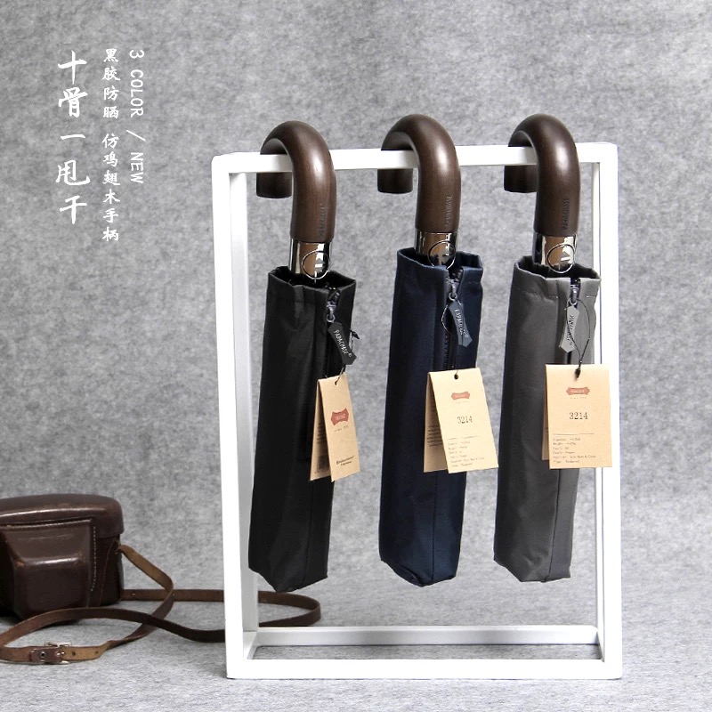 58.5x10k three-fold self-opening and closing aluminum frame windproof full shading black rubber umbrella, item number 3214