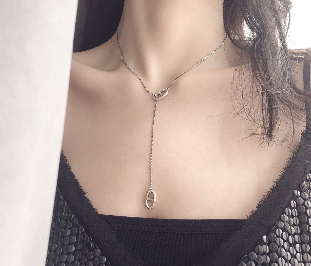 S925 fashion Thai silver pig nose pull type Y chain ins style web celebrity trend versatile sterling silver necklace thumbnail