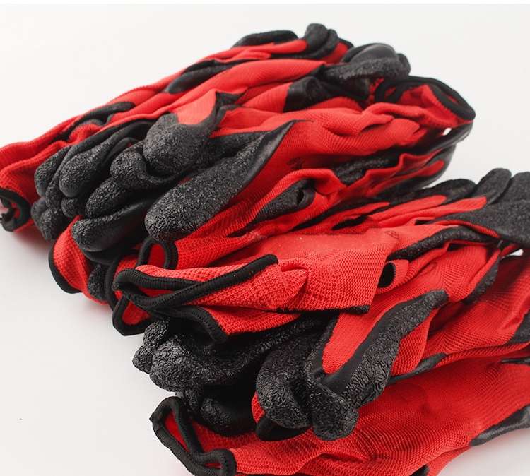 Latex Gloves Labor Protection Red Yarn Black Wrinkle Non-Slip Gloves Oil And Water Protection Thirteen Needle Nylon Gloves details Picture