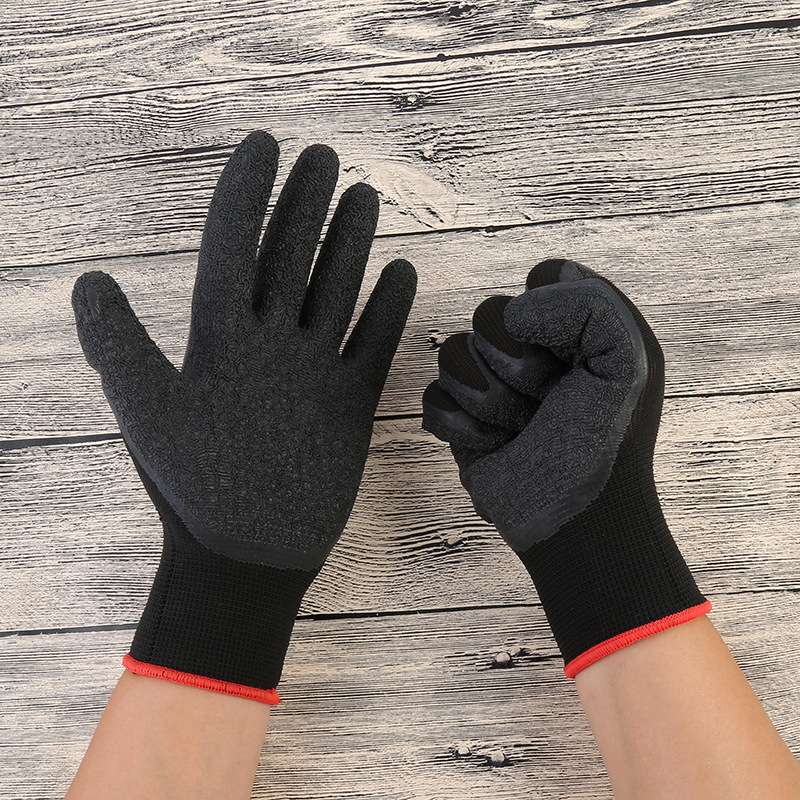 Latex Gloves Labor Protection Red Yarn Black Wrinkle Non-Slip Gloves Oil And Water Protection Thirteen Needle Nylon Gloves undefined