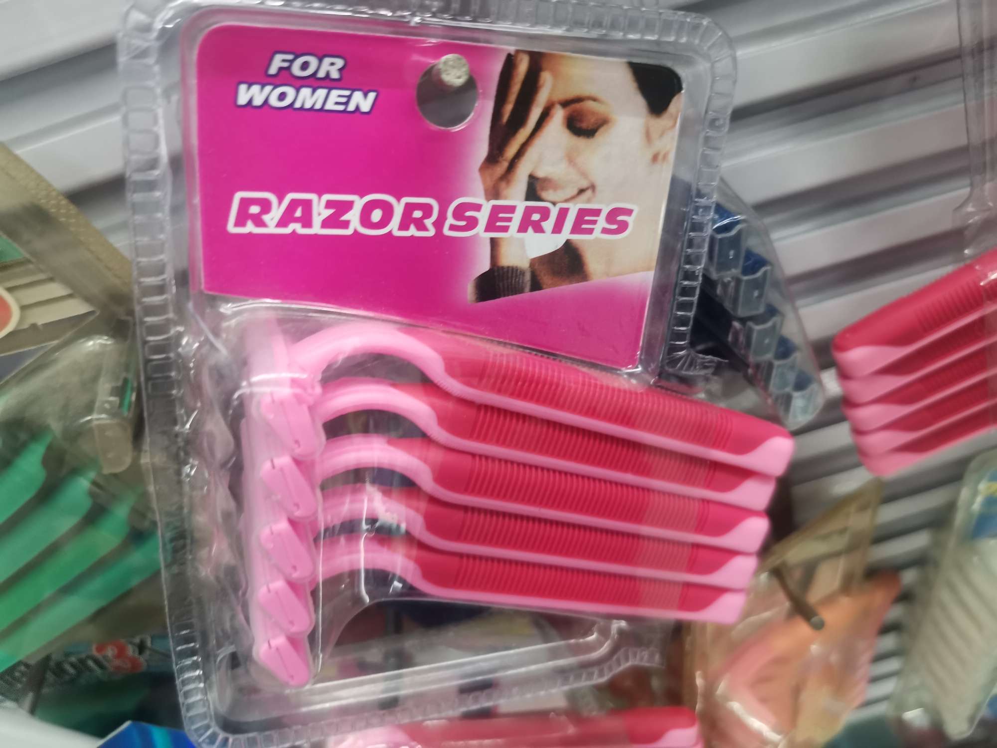 女士粉色5pcs2层碳钢橡胶柄刮胡刀