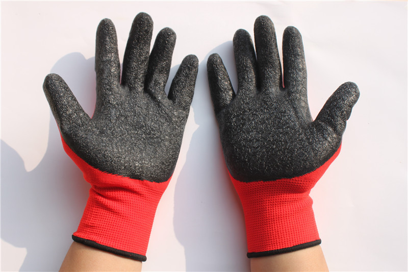 Latex Gloves Labor Protection Red Yarn Black Wrinkle Non-Slip Gloves Oil And Water Protection Thirteen Needle Nylon Gloves Item Picture